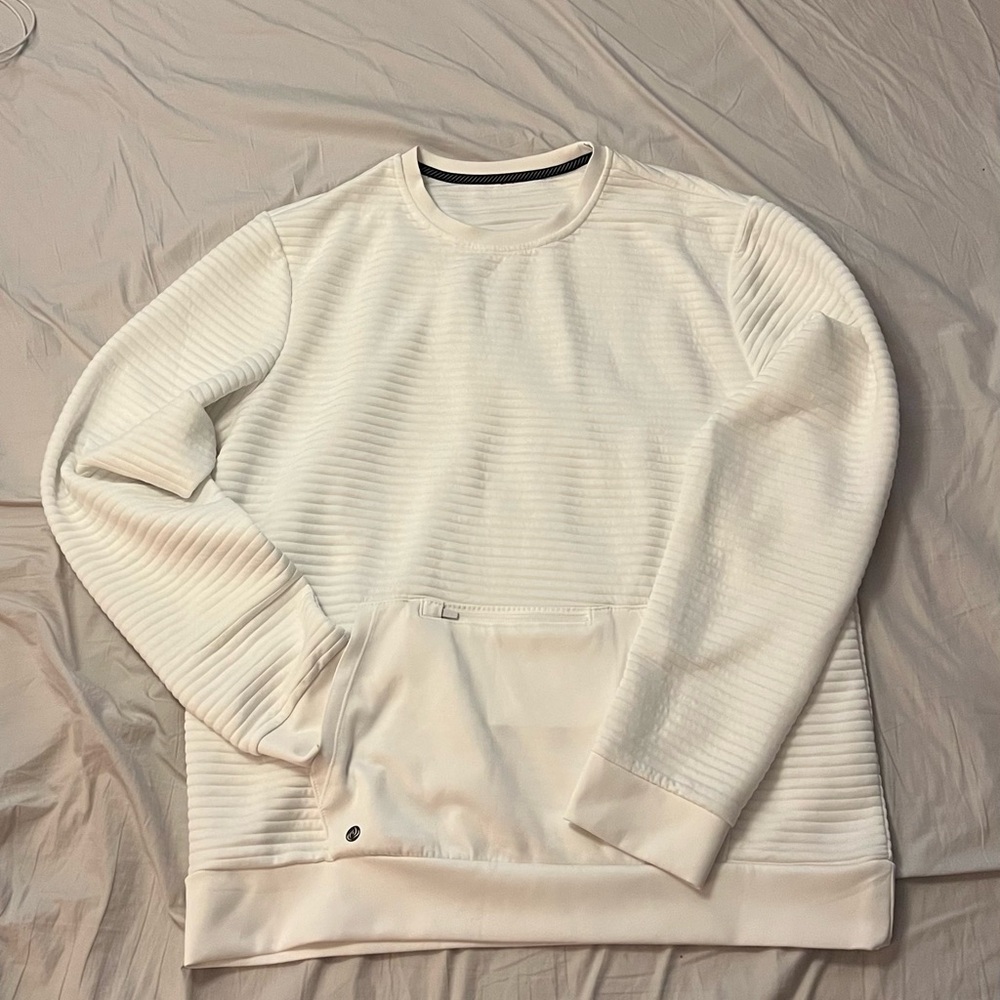 Men's White Crew Neck Sweater with Front Zipper Pouch Pocket
